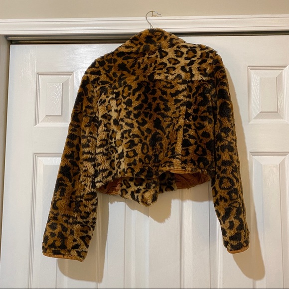 Vintage 90s fuzzy faux fur cropped chunky jacket S leopard cheetah - Picture 5 of 12